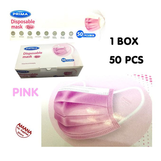 Prima Disposable Face Mask - 3 Layers - Earloop - Nose Clip - 50Pcs - Rose