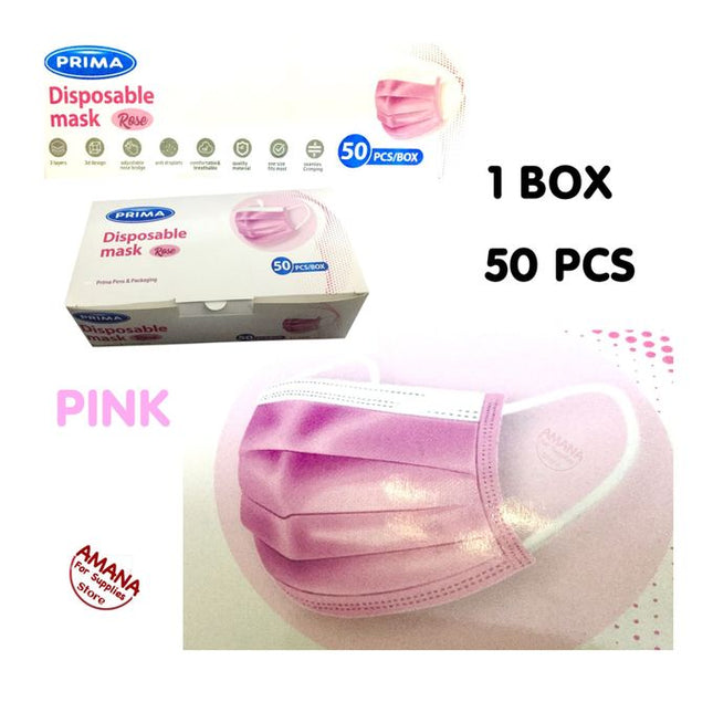 Prima Disposable Face Mask - 3 Layers - Earloop - Nose Clip - 50Pcs - Rose